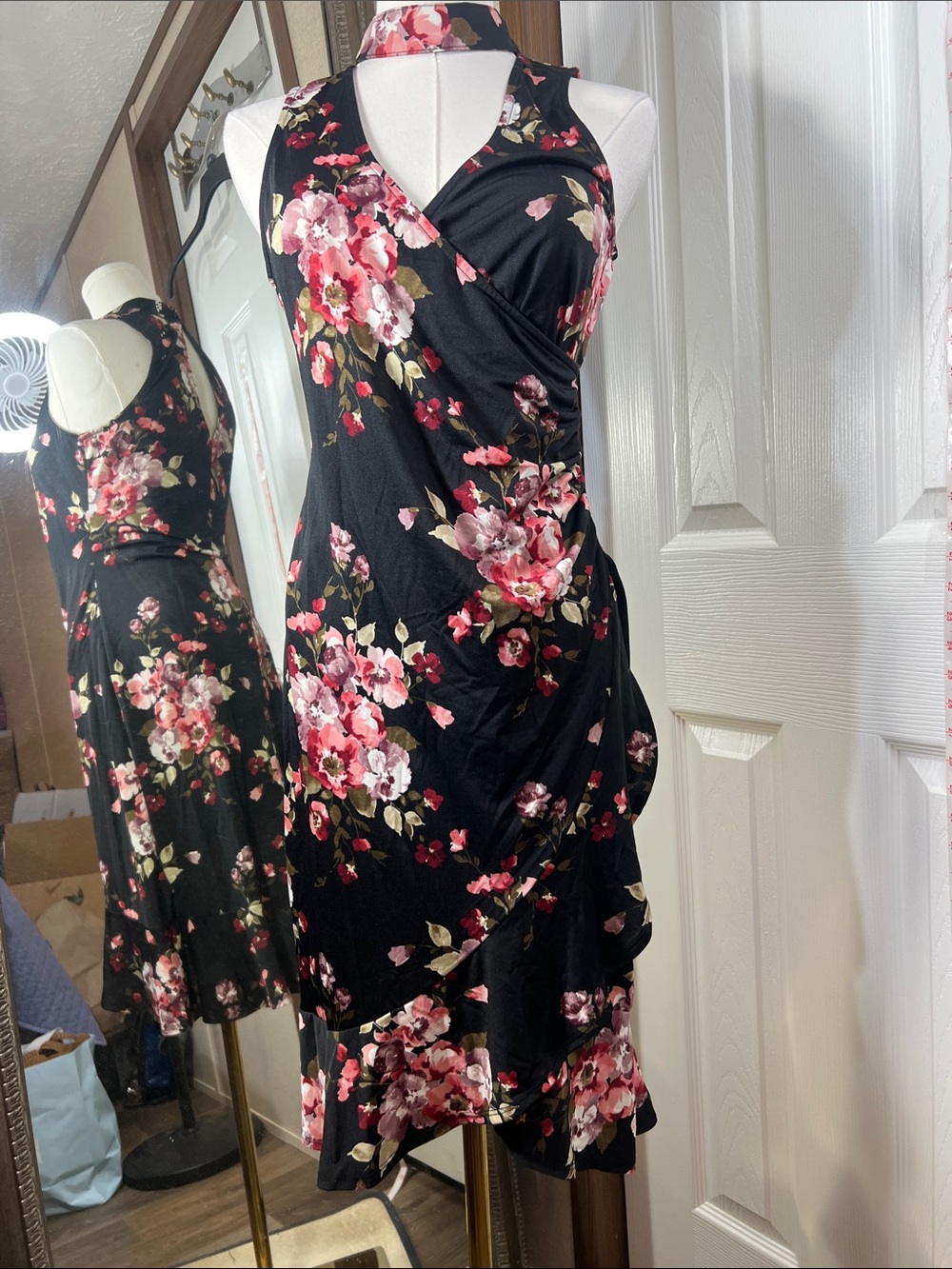 paper doll Black Midi Dress with Pink Floral Print